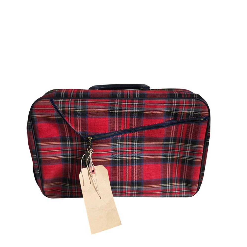 Vintage Red Plaid Travel Suitcase Carry On Luggage Train Case Locking